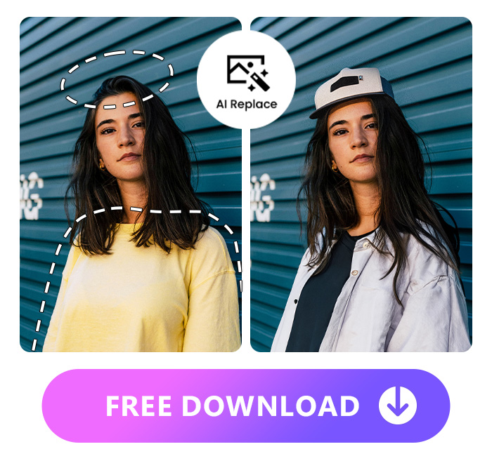 an original image of long hair woman in yellow clothes at left side, an AI replaced image that adding hat to the woman and change clothes to navy-blue T-shirt and white shirt at right side